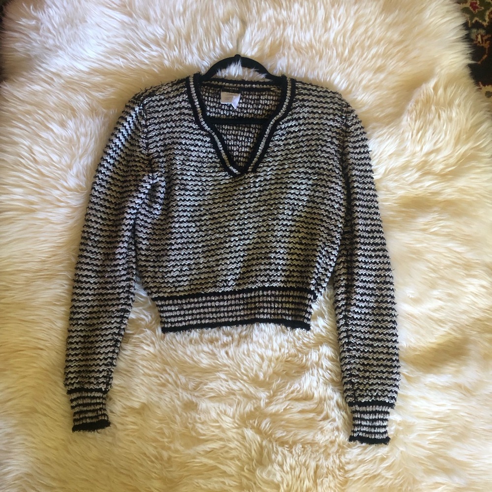 CHANEL Black and White V-Neck Knit Sweater Top